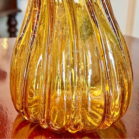 VTG Stretch Glass Vase Amber Ribbed Body Sunburst Flared Mouth Hand Blown 1960s - Picture 9 of 11